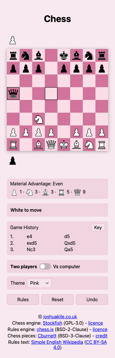 Chess (Pink theme, light mode, narrow-viewport layout)
